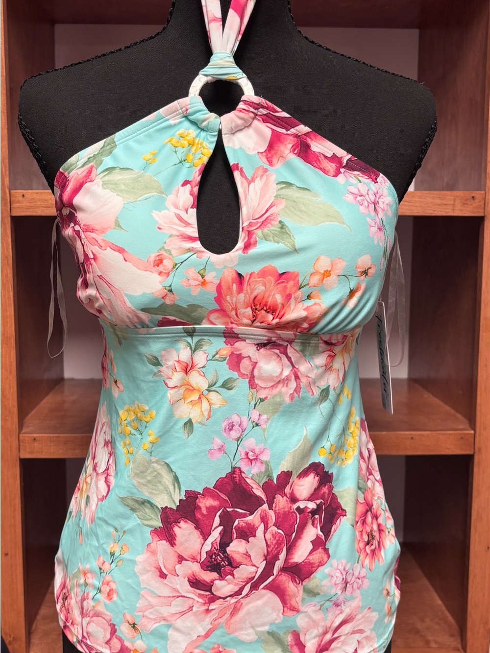 Kohl's Aqua Floral Halter bathing suit top with Keyhole
